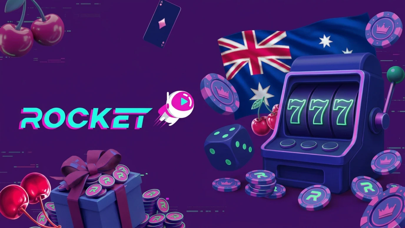 Rocket Casino Australia branding with an Australian flag, neon ROCKET logo, slot machine showing 777 and stacks of R-branded chips