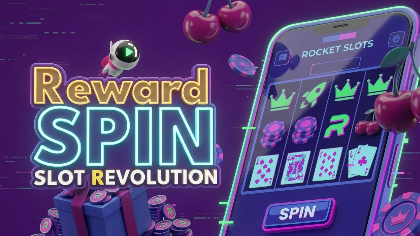 Rocket Casino Reward Spin Slot Revolution promo artwork with a slot machine on a smartphone, gift box and R-branded chips