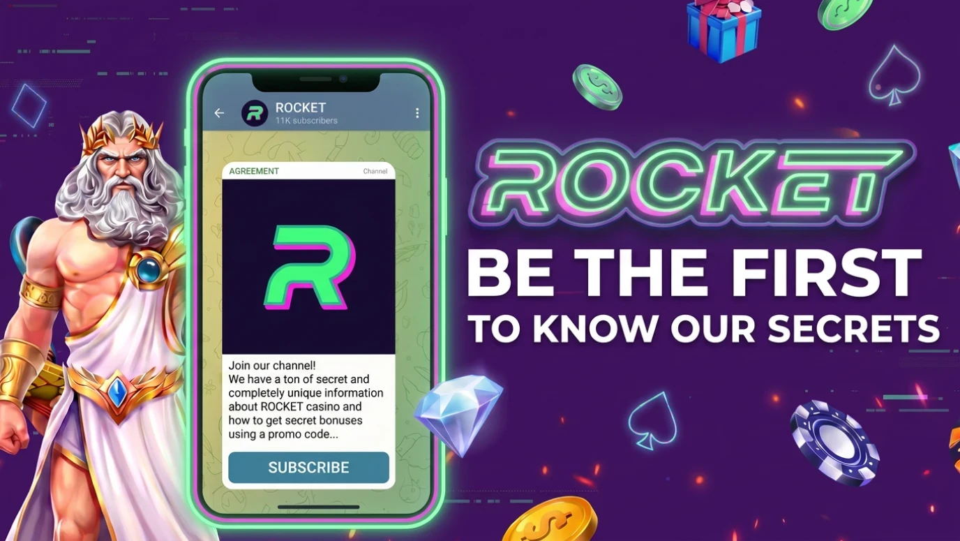 Rocket Casino Telegram channel promo with a Zeus figure, a smartphone showing the ROCKET subscribe screen and the slogan Be The First To Know Our Secrets