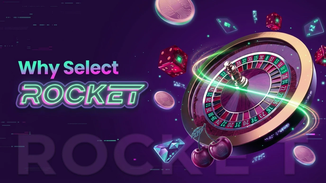 Rocket Casino Why Select Rocket promo artwork with a spinning roulette wheel, red dice, coins and gemstones