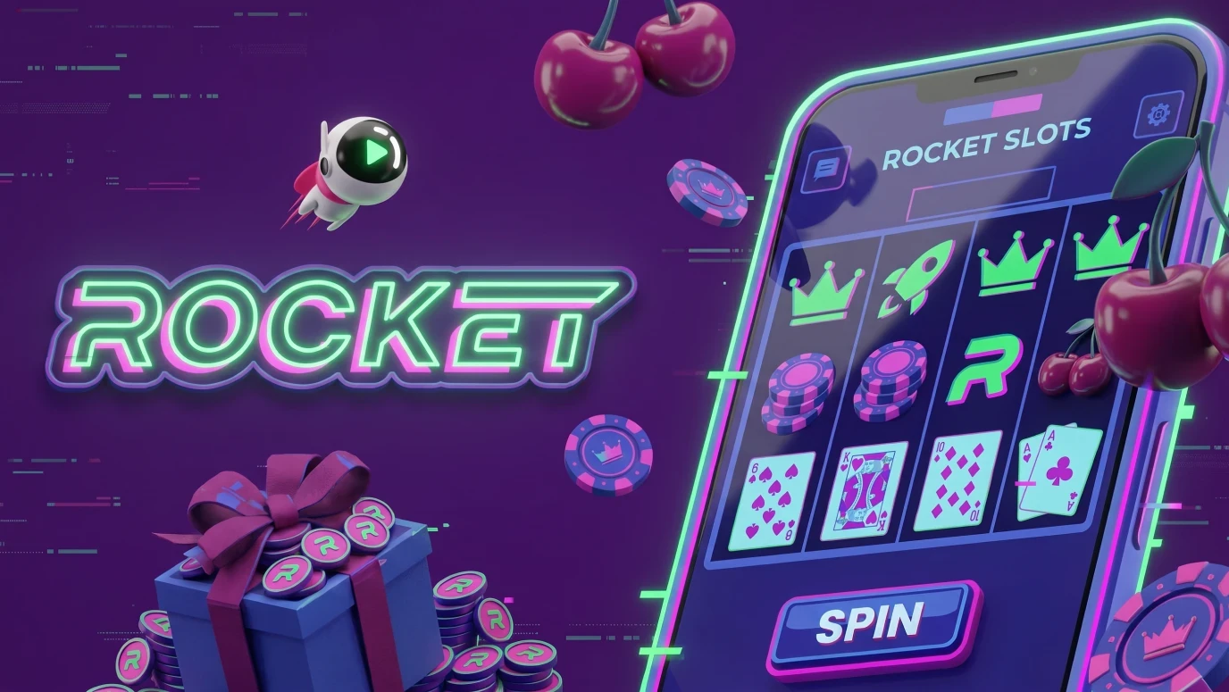 Rocket Casino Australia brand artwork with neon ROCKET logo, slot reels on a smartphone and a gift box of R coins